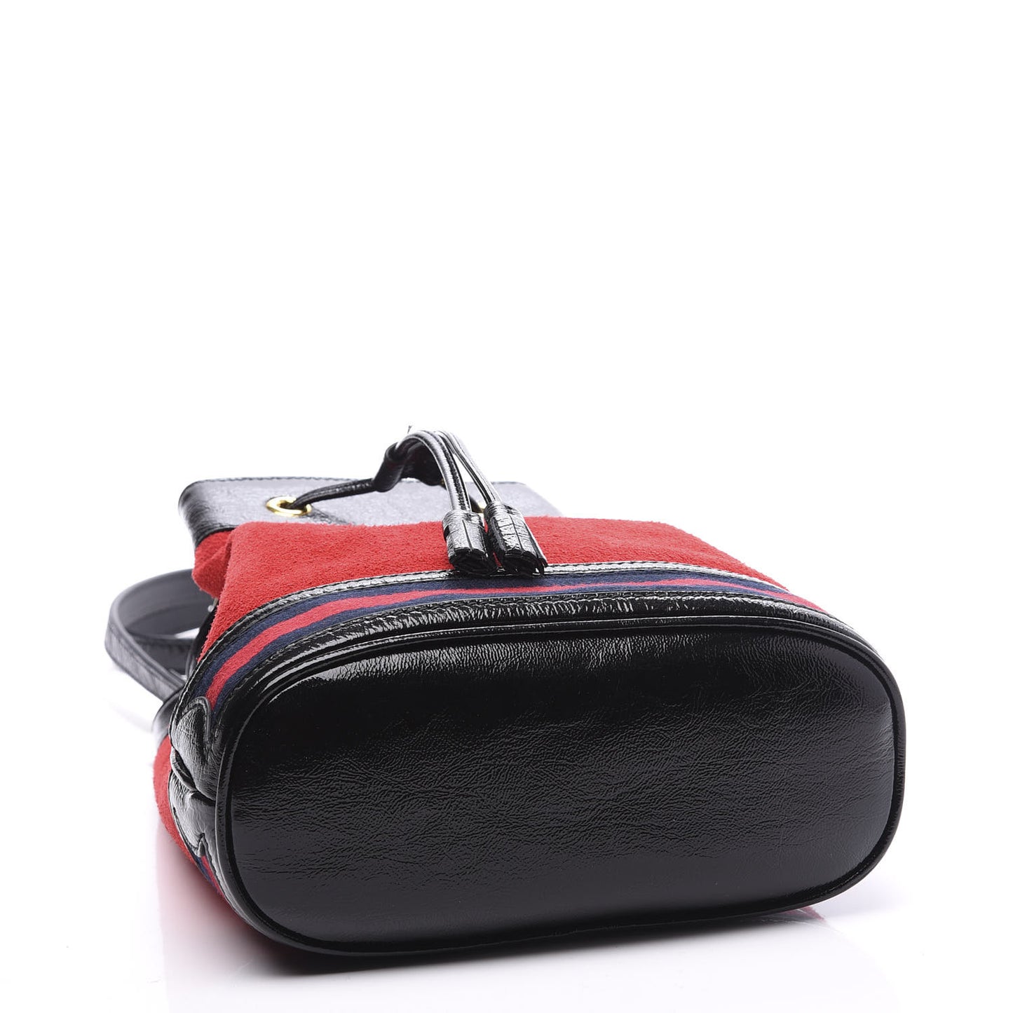 Suede Patent Web Small Ophidia Bucket Bag Hibiscus Red Black