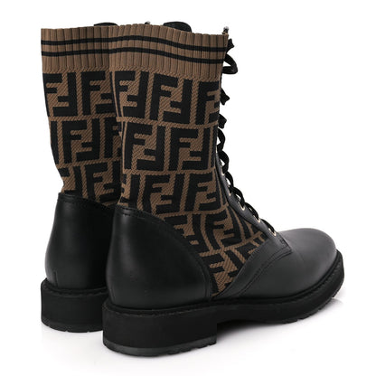 Fendi Calfskin Stretch Fabric FF Rockoko Biker Boots 40.5 Black Tobacco 4 of 6
