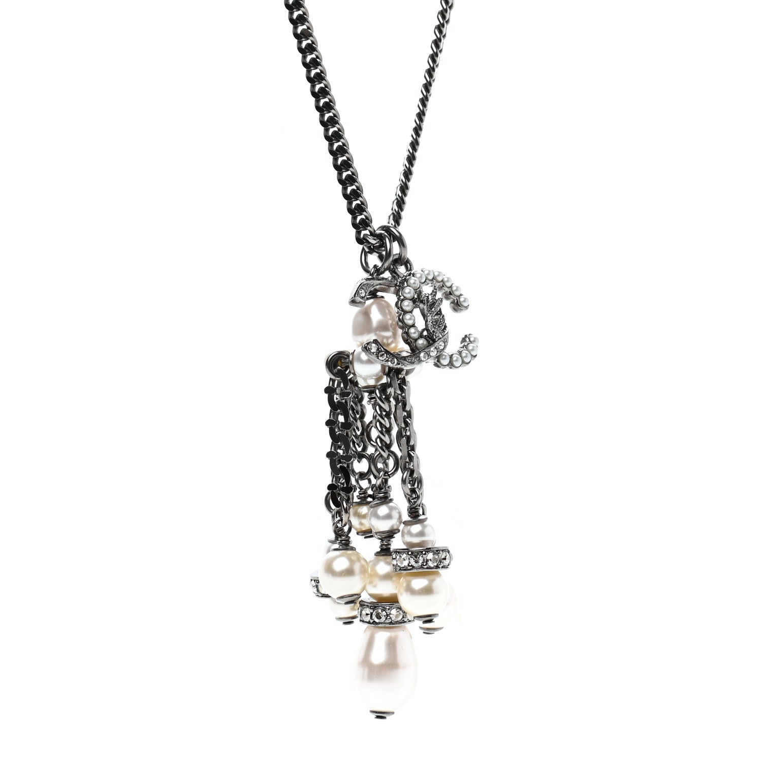 Chanel Crystal Pearl CC Drop Necklace Silver 4 of 6