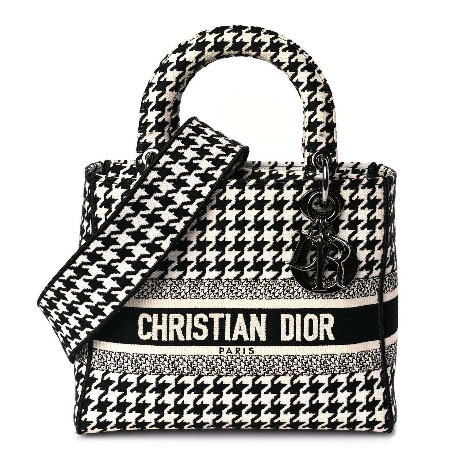 Christian Dior Canvas Houndstooth Embroidered Medium Lady D-Lite Black White 1 of 8