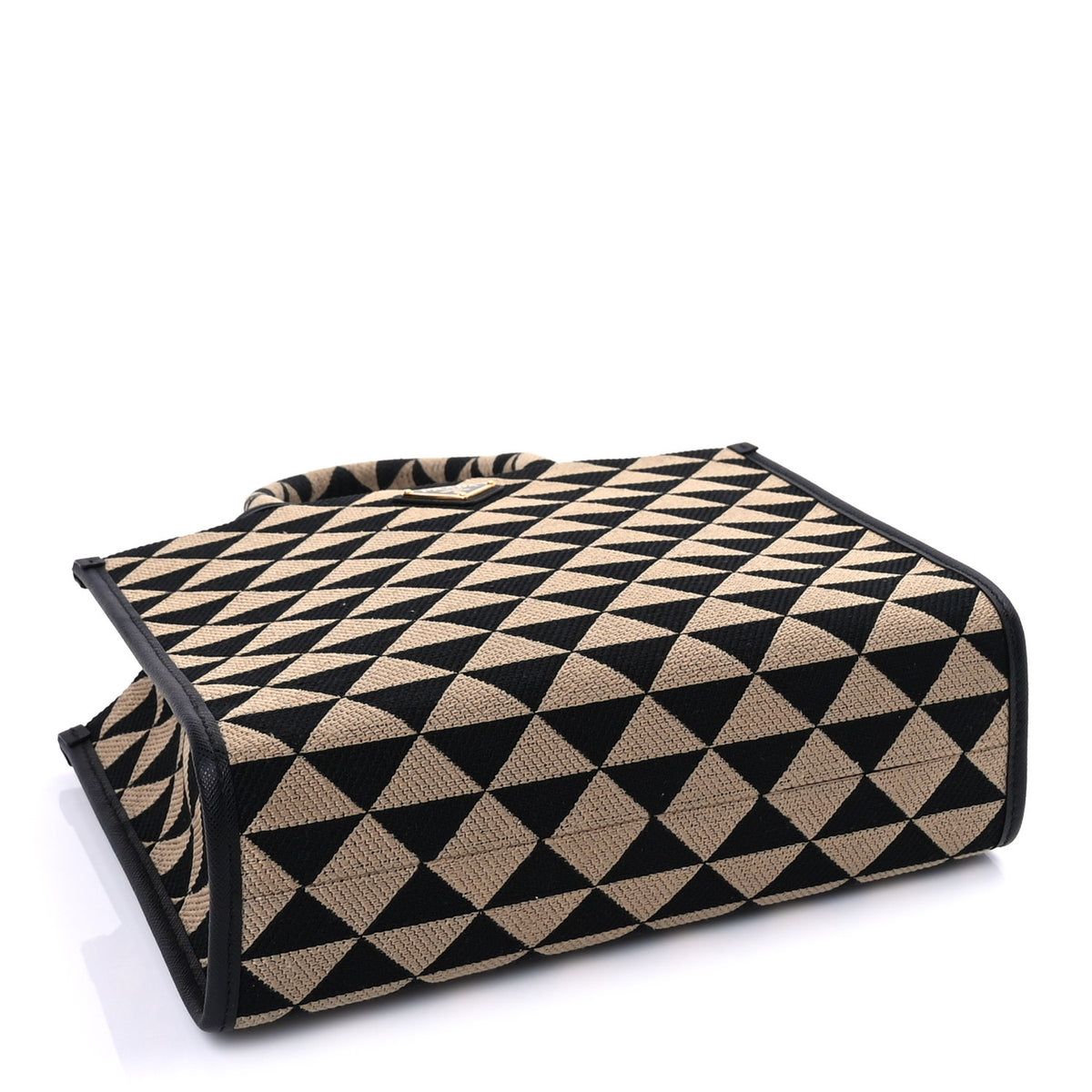Jacquard Saffiano Triangolo Symbole Embroidered Small Tote Black Corda Beige