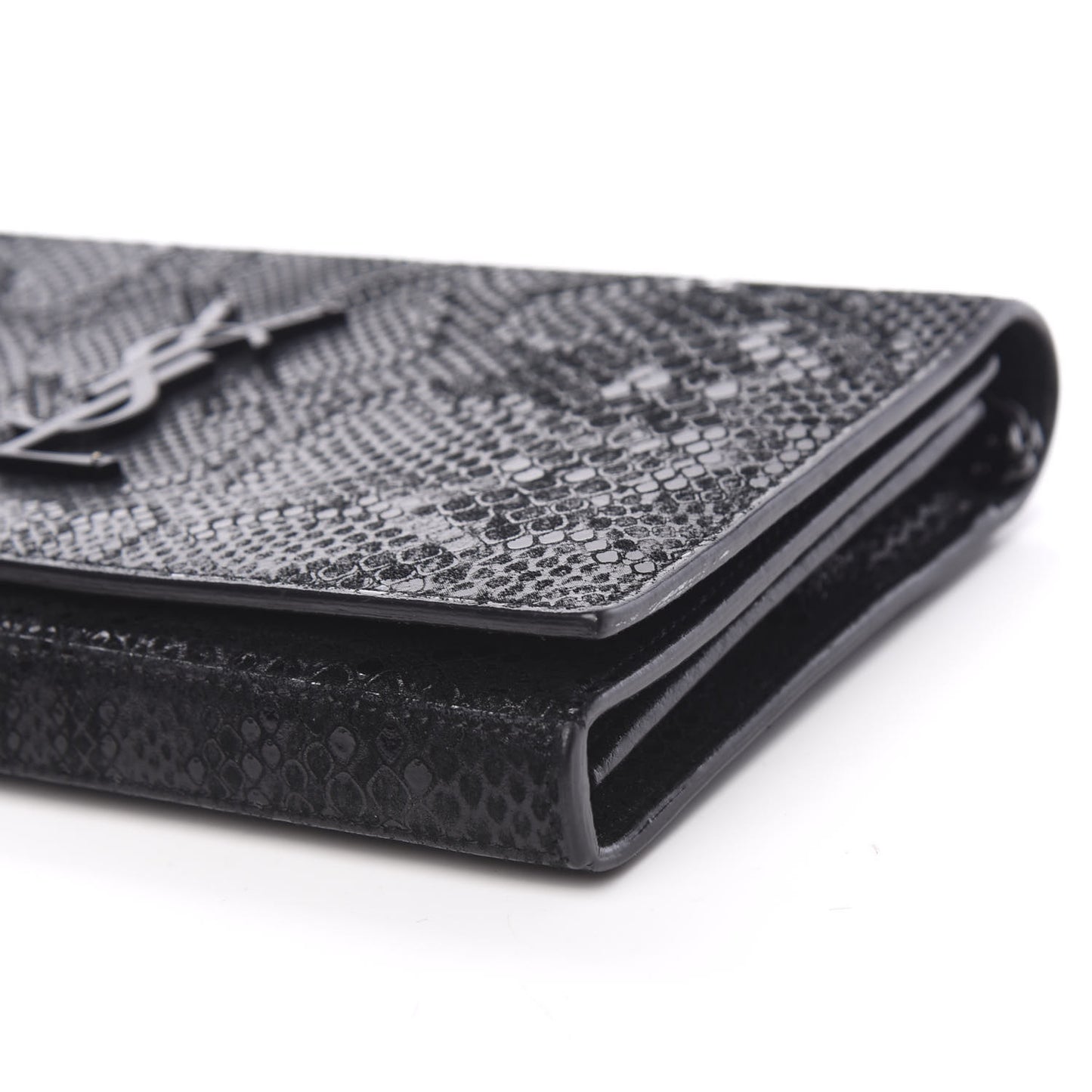 Calfskin Snakeskin Effect Monogram Chain Wallet Black