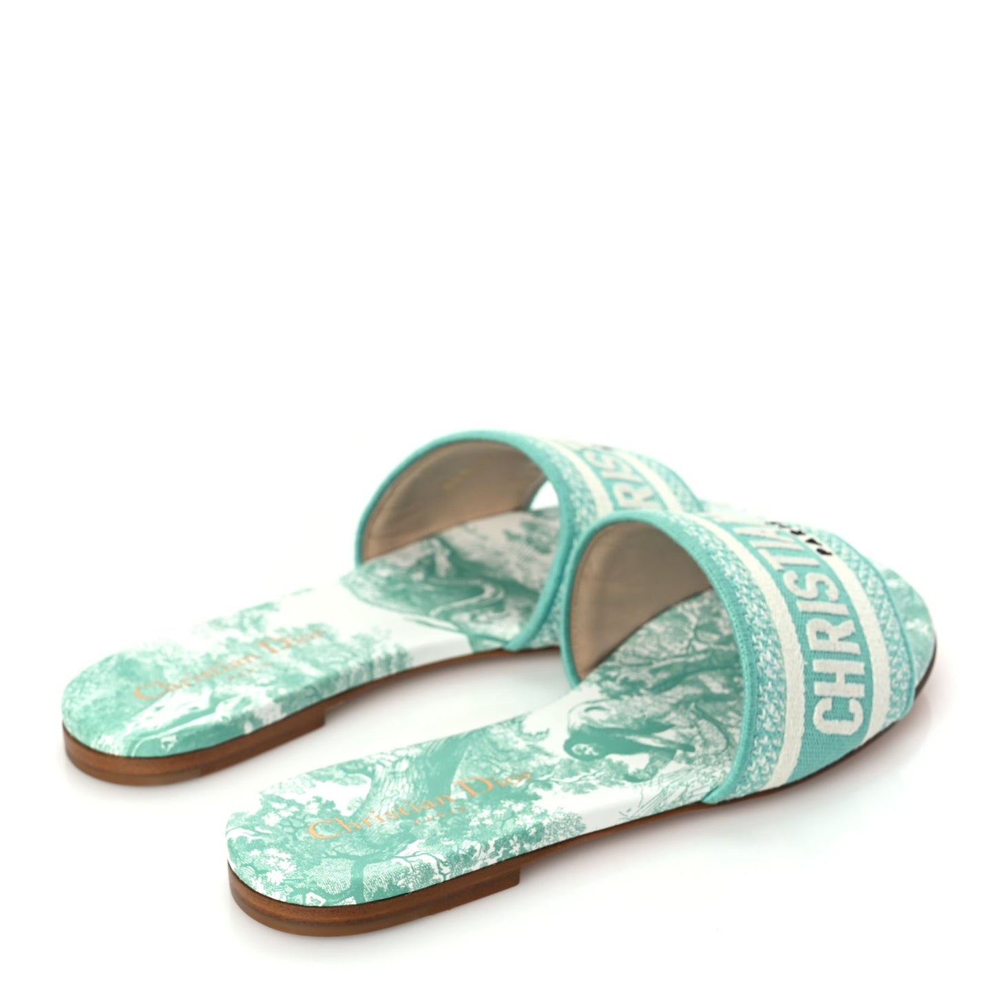 Canvas Toile De Jouy Embroidered Dway Flat Slide Sandals 36 Aquamarine