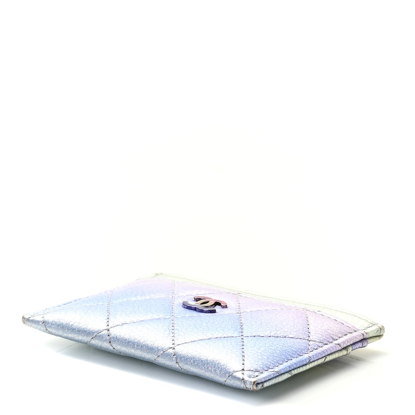 Gradient Metallic Calfskin Quilted Card Holder Silver Blue Yellow Purple