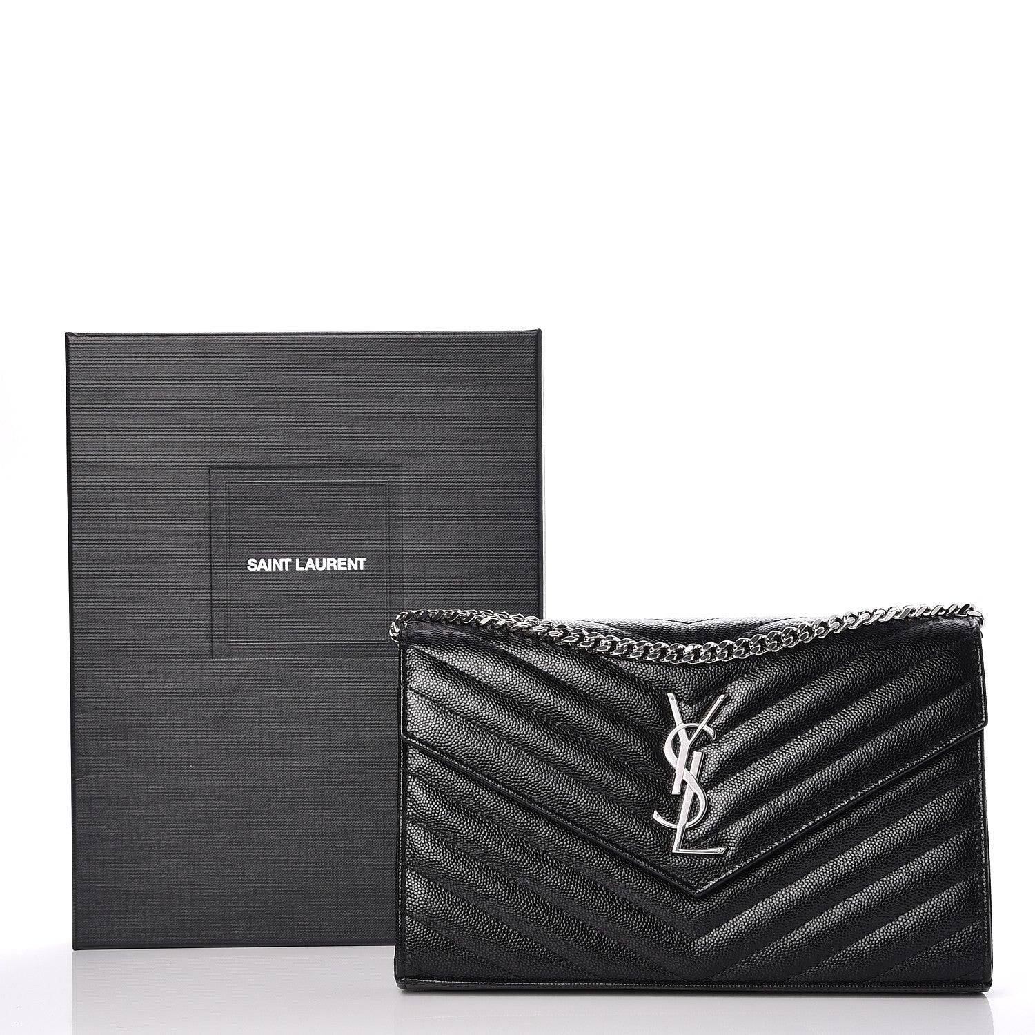 Saint Laurent Grain De Poudre Matelasse Chevron Monogram Chain Wallet Black 7 of 7