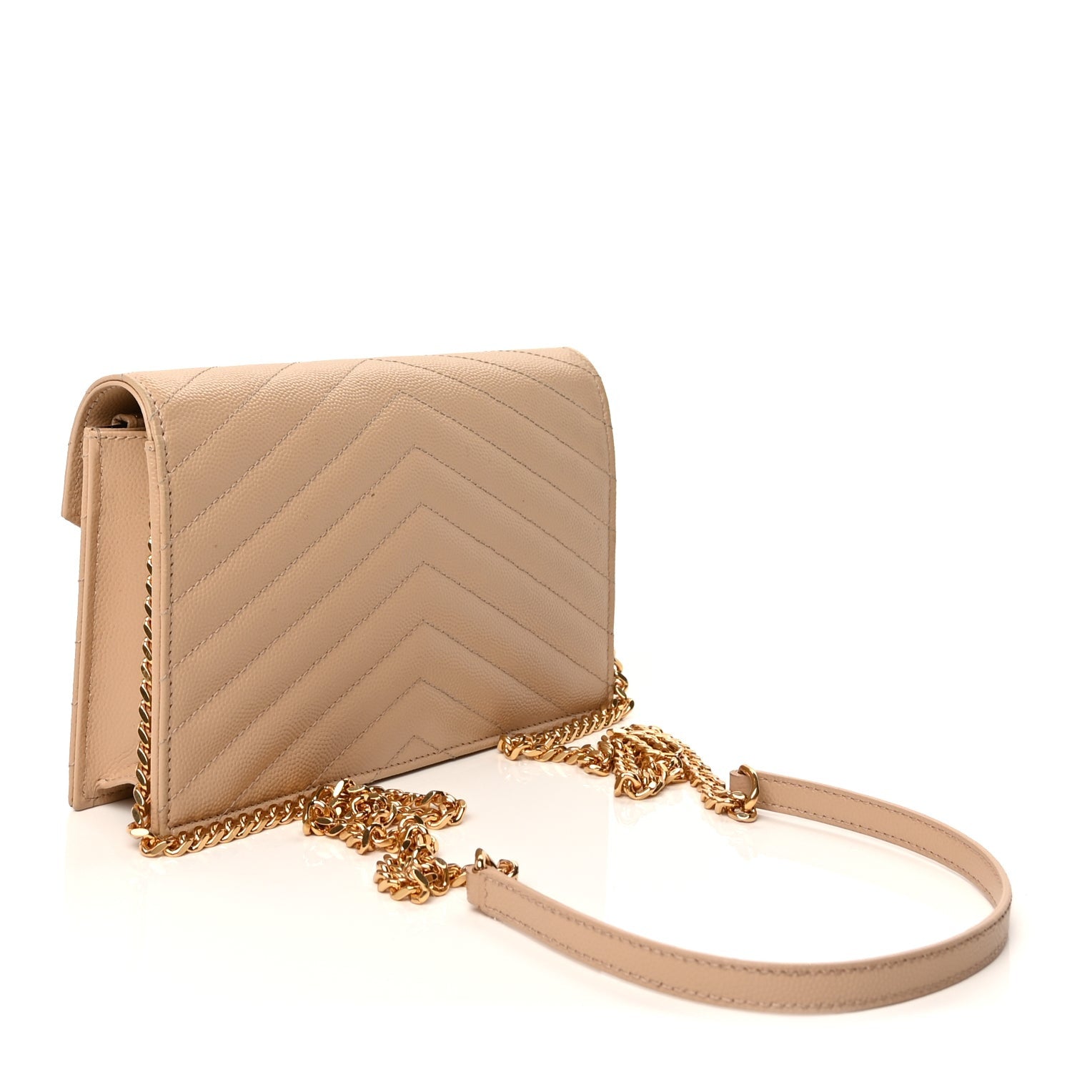Saint Laurent Grain De Poudre Matelasse Chevron Monogram Envelope Chain Wallet  Dark Beige 2 of 8