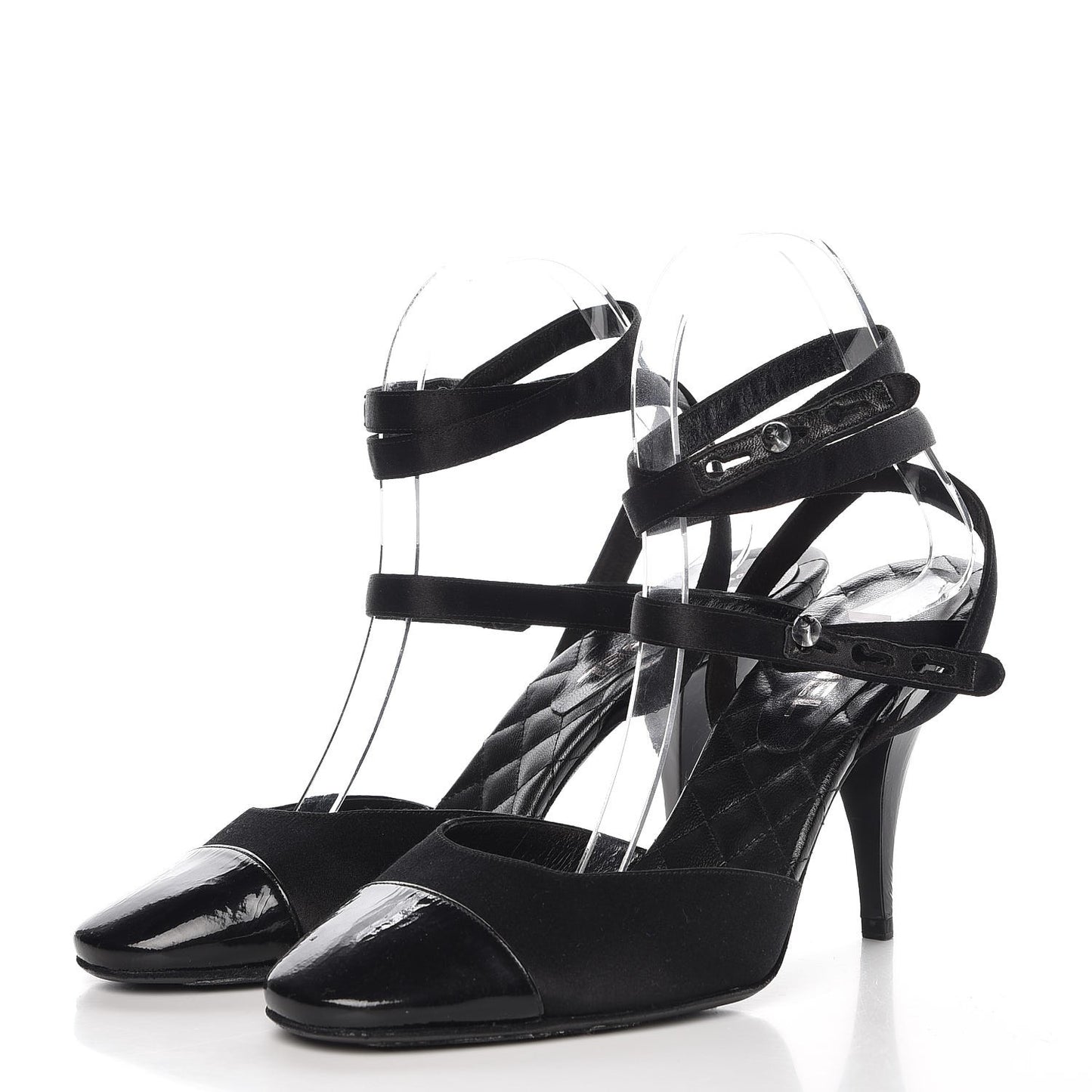 Satin Patent Cap Toe Ankle Wrap Pumps 38.5 Black