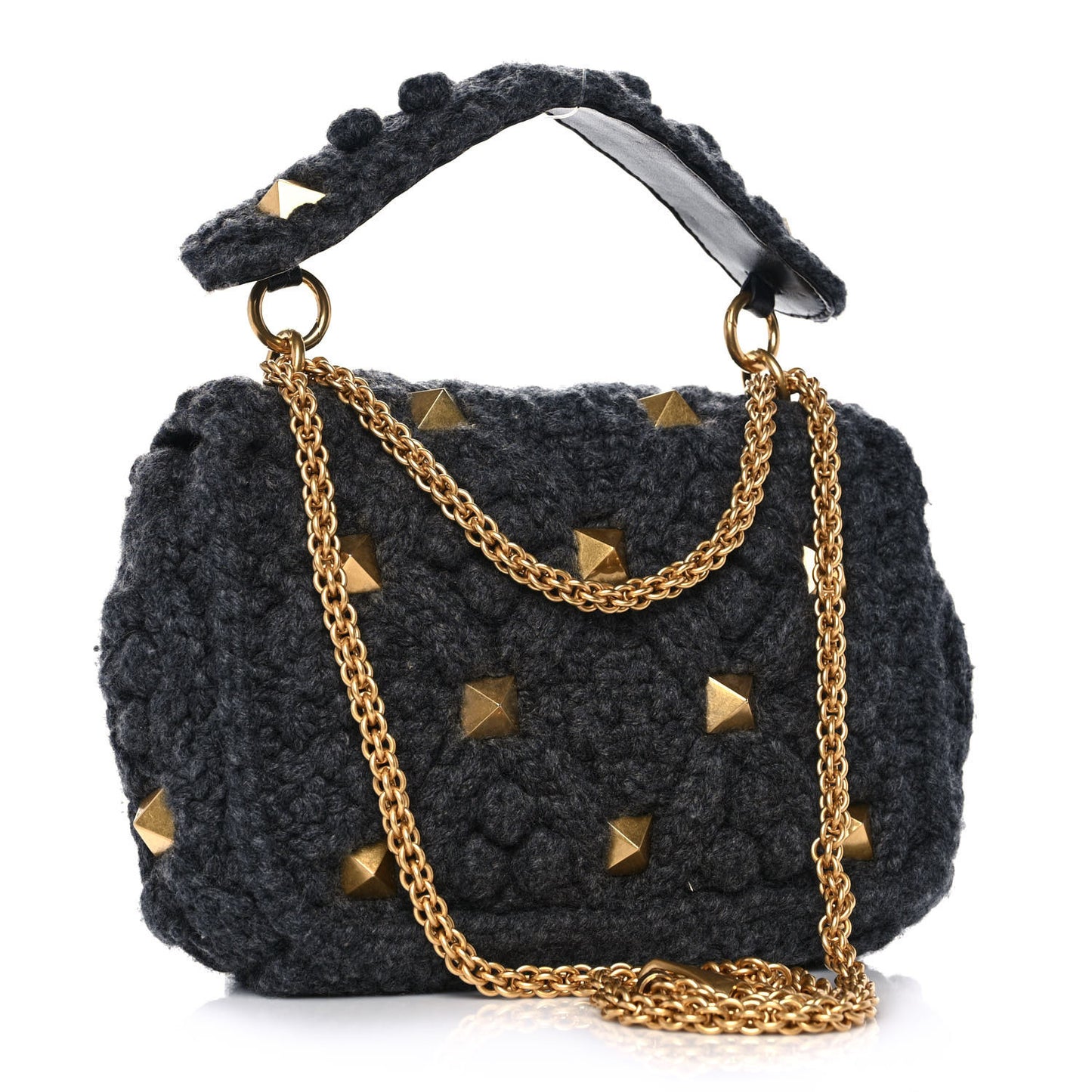 Cashmere Knit Medium Roman Stud Shoulder Bag Grey