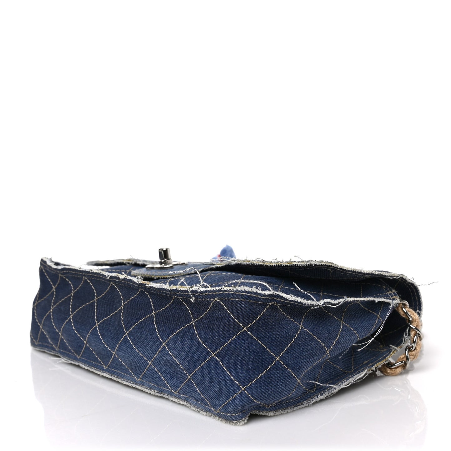 Denim Quilted Medium Pompom Flap Dark Blue