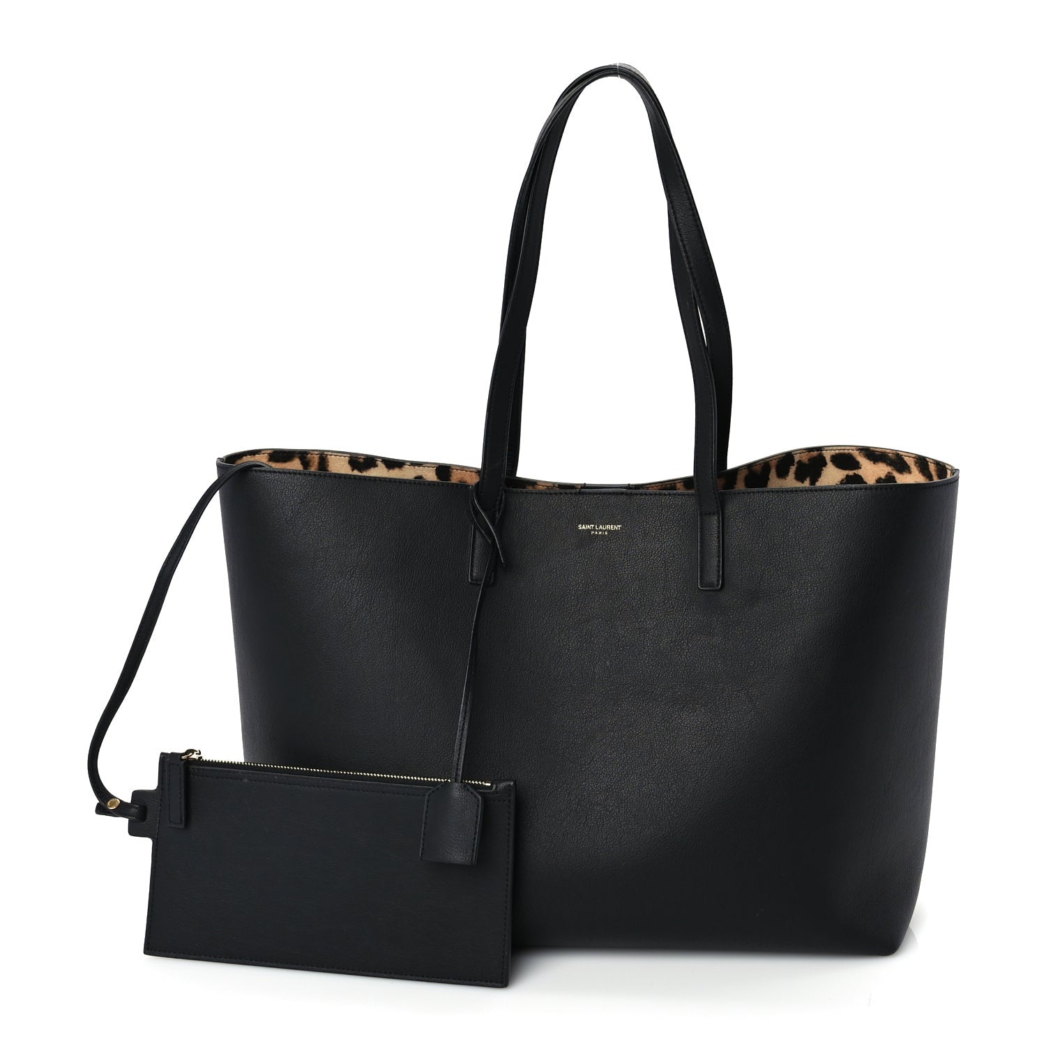 Saint Laurent Calfskin Large Leopard Print Shopping Tote Black 2 of 9