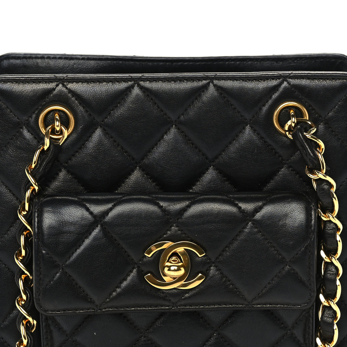 Lambskin Quilted CC Front Pocket Shopping Tote Black