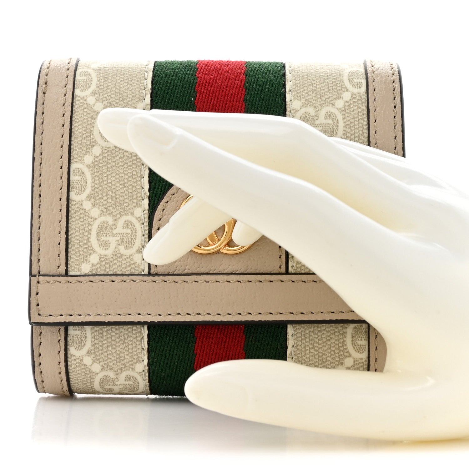 Gucci GG Supreme Monogram Textured Dollar Calfskin Web Ophidia Card Case Wallet Beige Mystic White Oatmeal 2 of 9