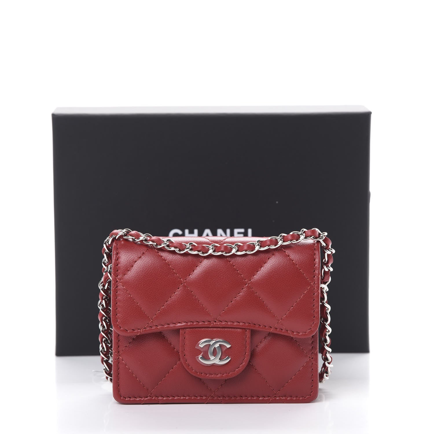 Chanel Lambskin Quilted Flap Card Holder On Chain Dark Red 10 of 10