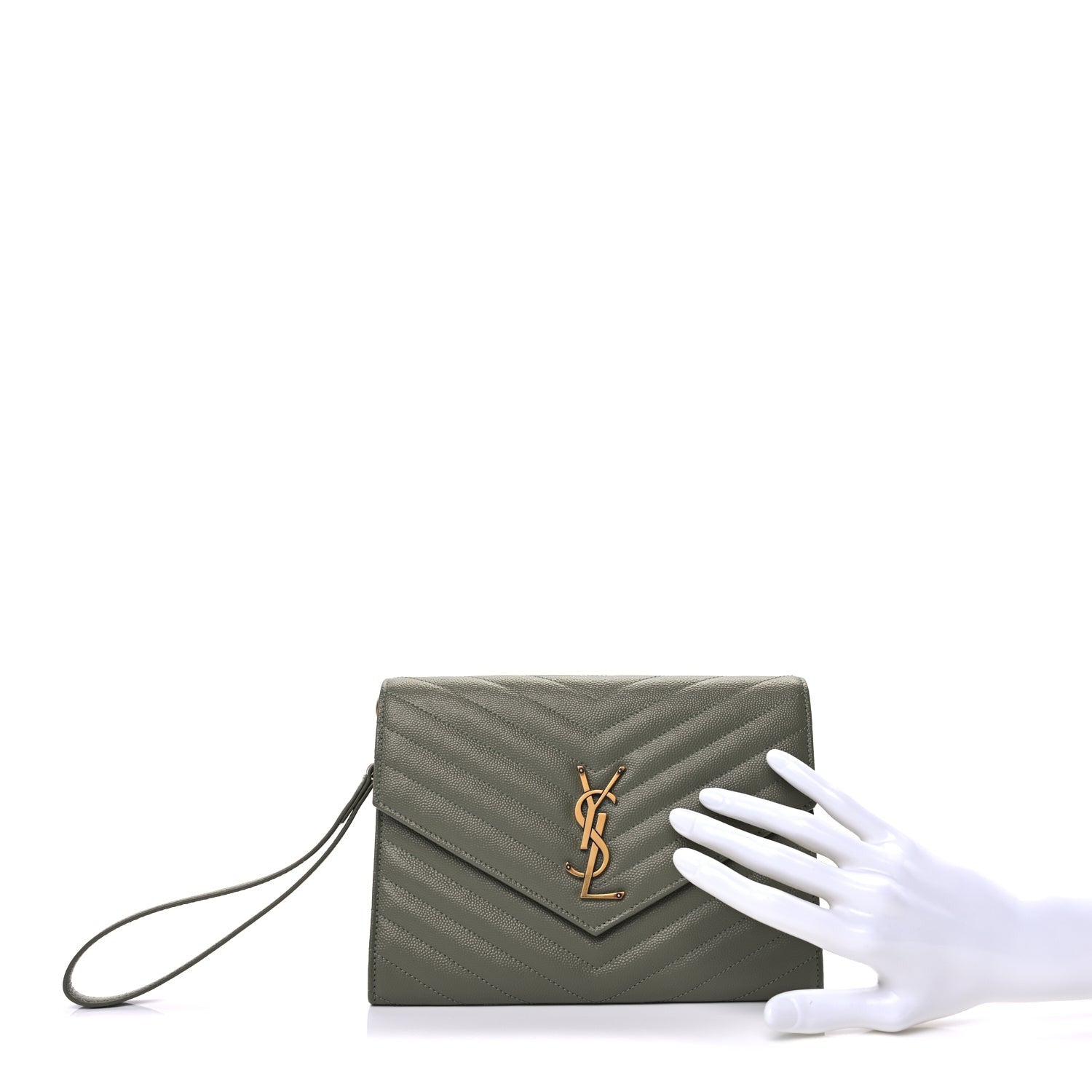 Saint Laurent Grain De Poudre Matelasse Chevron Monogram Envelope Clutch  Light Sage 1 of 7