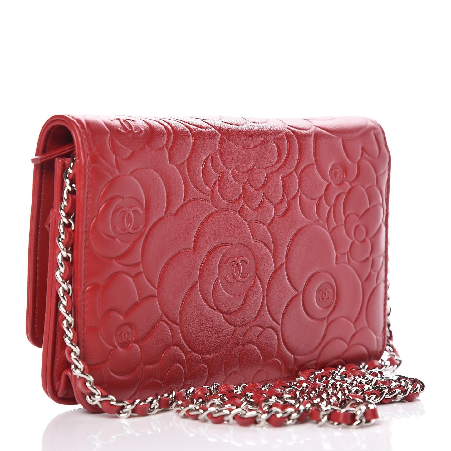 Lambskin Camellia Embossed Wallet On Chain WOC Red
