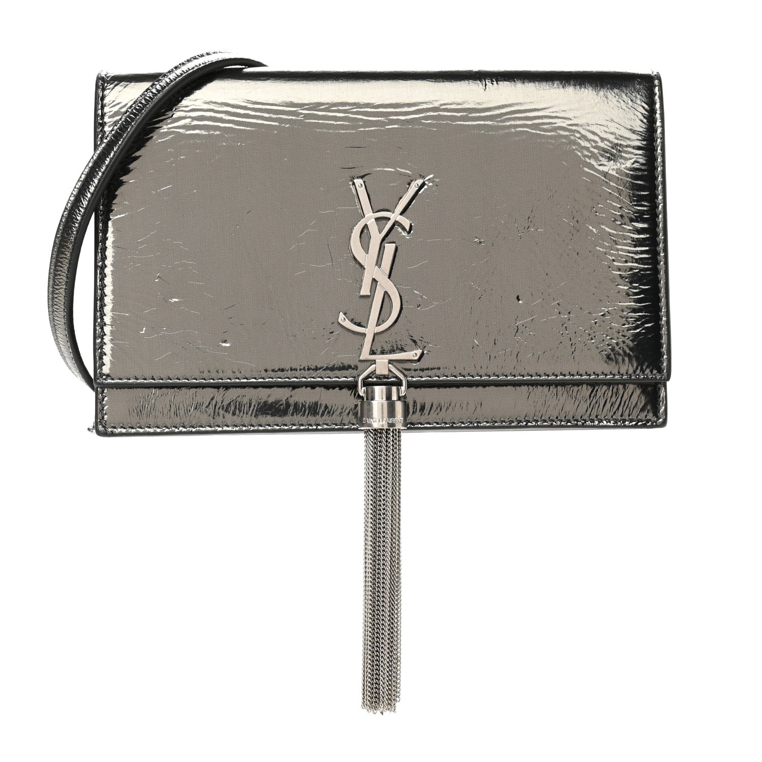Saint Laurent Metallic Crackled Calfskin Kate Monogram Tassel Chain Wallet Argento 1 of 11