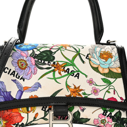 Balenciaga X GUCCI Canvas Boarded Plutone Calfskin Flora Logo Print Small Hourglass Top Handle Bag White Multicolor Black 7 of 14