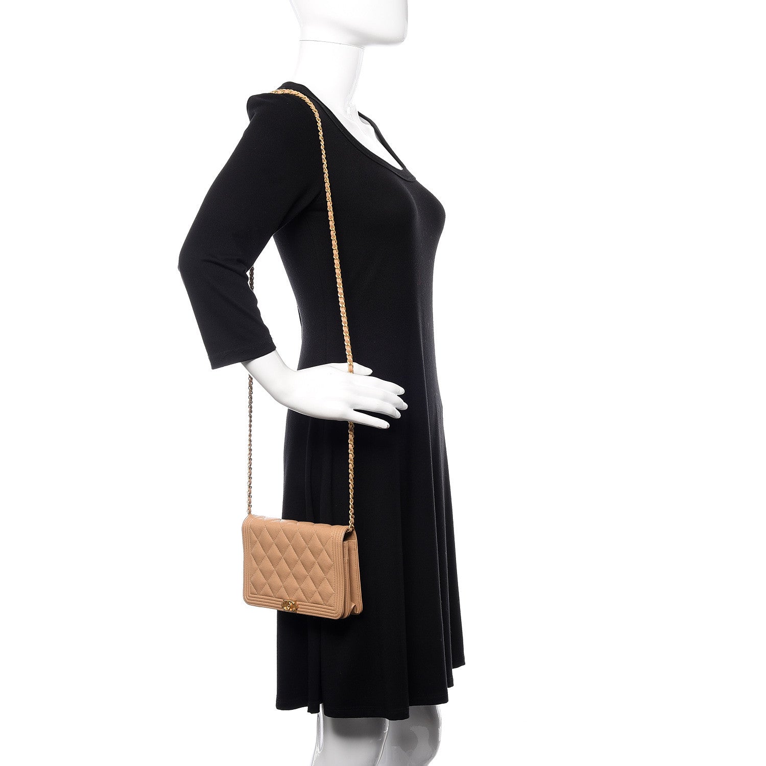 Chanel Caviar Quilted Boy Wallet On Chain WOC Beige 2 of 13