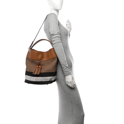 Burberry Grainy Calfskin Canvas Mega Check Medium Ashby Tassel Hobo Saddle Brown 2 of 12