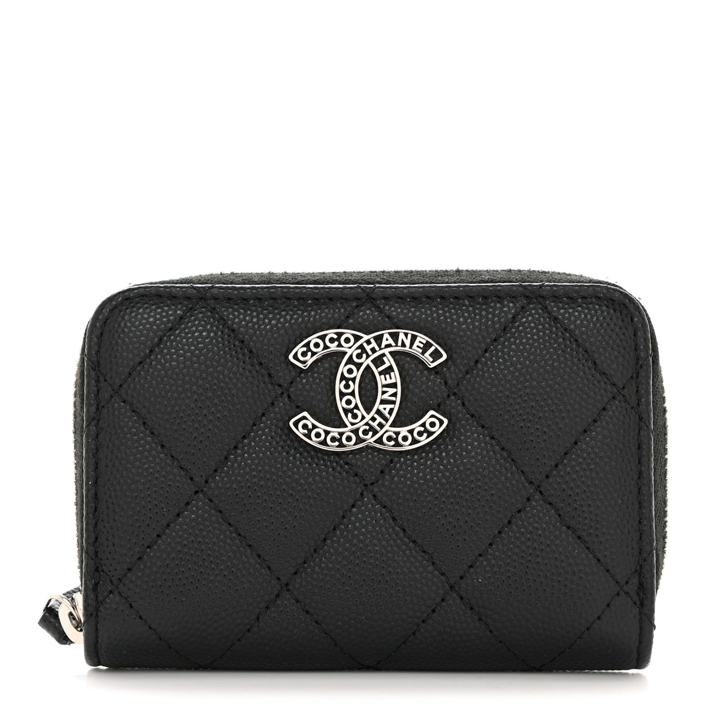 Caviar Quilted Coco Chanel Logo CC Zip Coin Purse Black