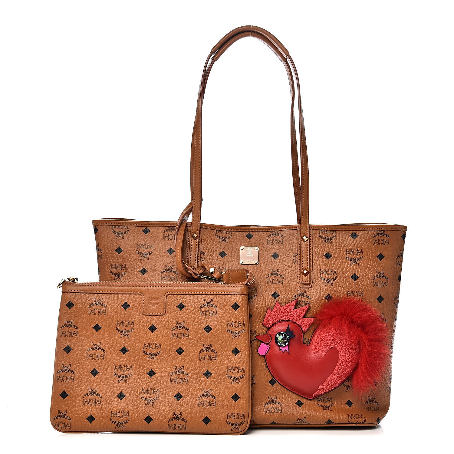 MCM Visetos Medium Rooster Anya Top Zip Shopper Tote Cognac 1 of 11
