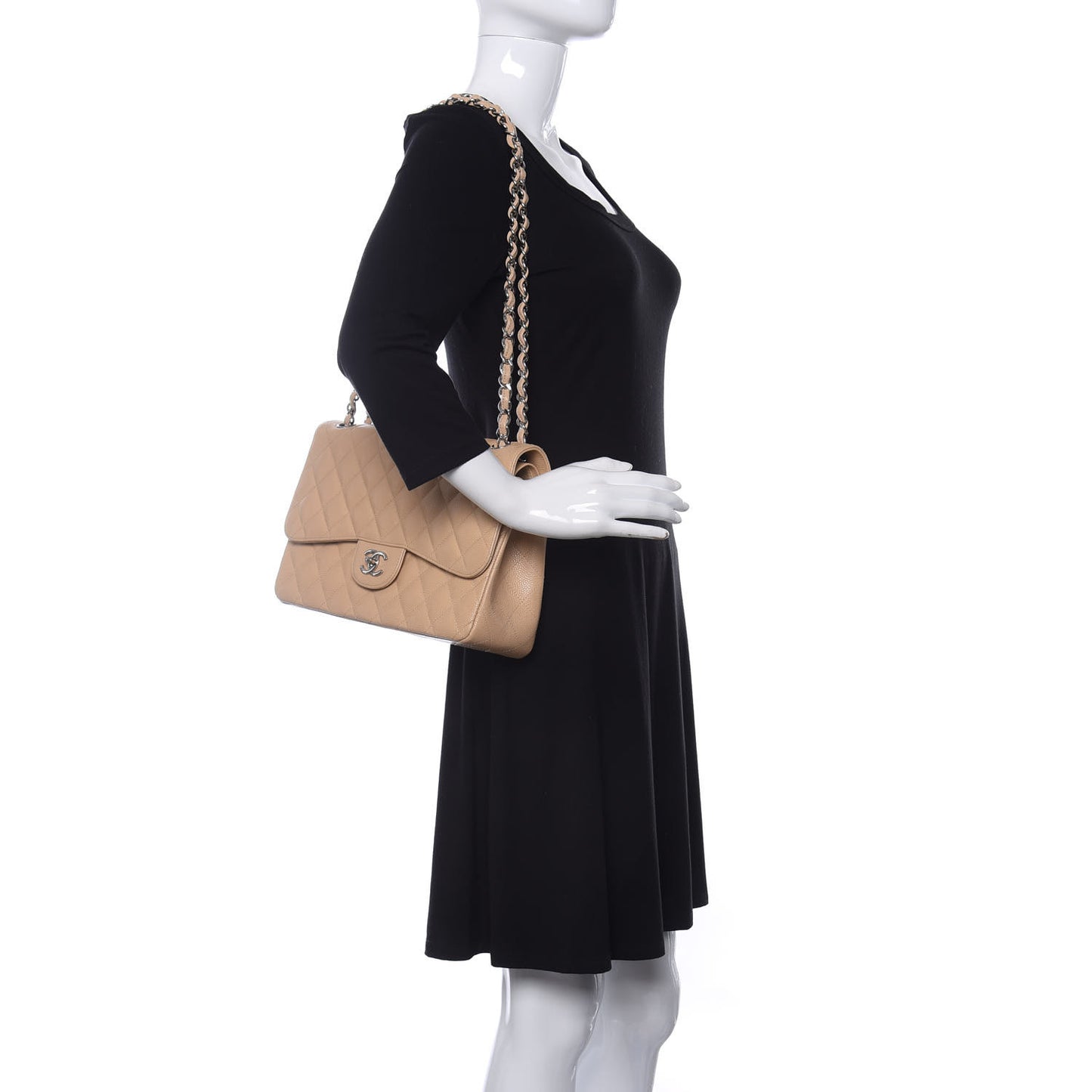 Caviar Quilted Jumbo Double Flap Light Beige