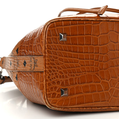 MCM Visetos Crocodile Embossed Geonautic Bucket Bag Cognac 9 of 10