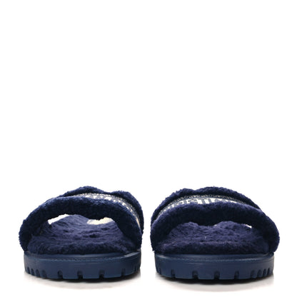 Christian Dior Shearling Canvas Lurex Embroidered Dway 10mm Slide Sandals 41 Navy Natural 3 of 7