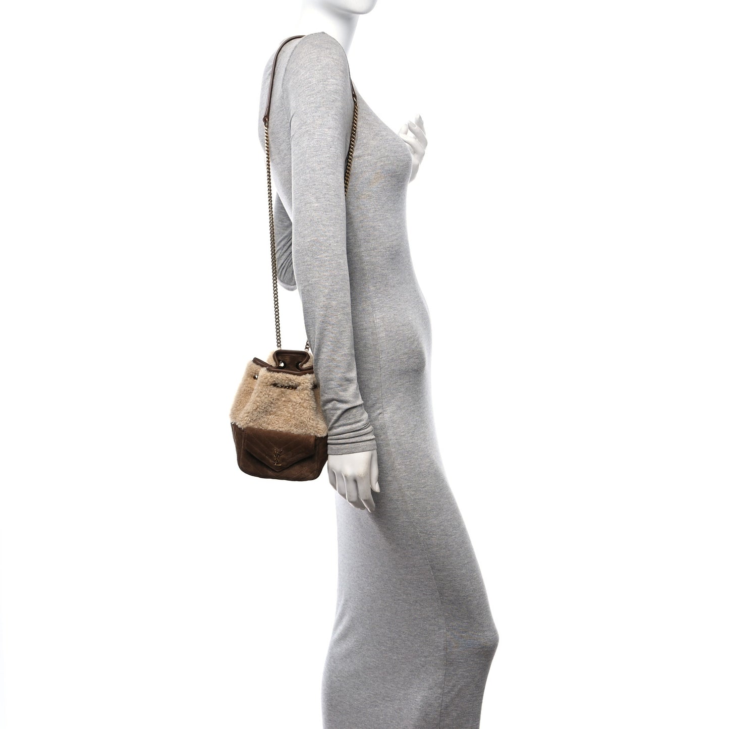 Shearling Suede Monogram Joe Nano Bucket Bag Dark Cigar Natural Beige