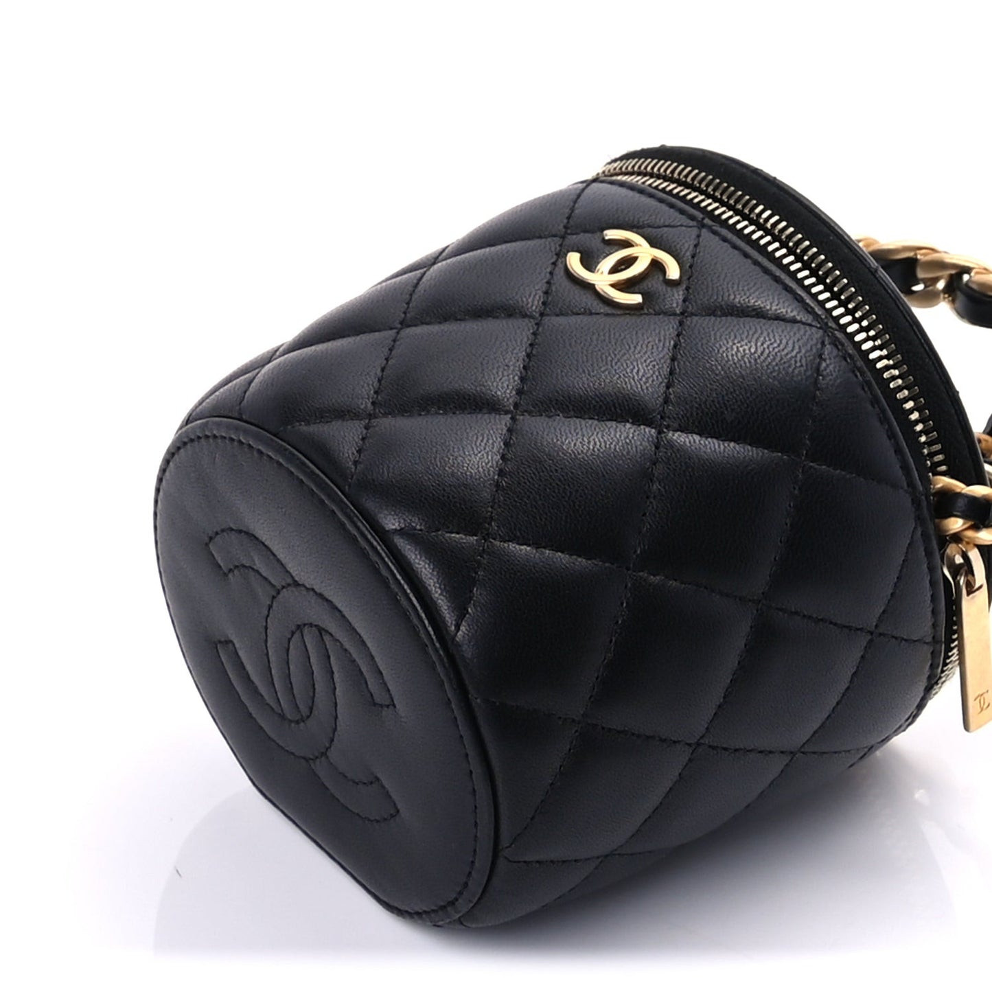 Lambskin Quilted Afternoon Tea Top Handle Vanity Case With Chain  Black