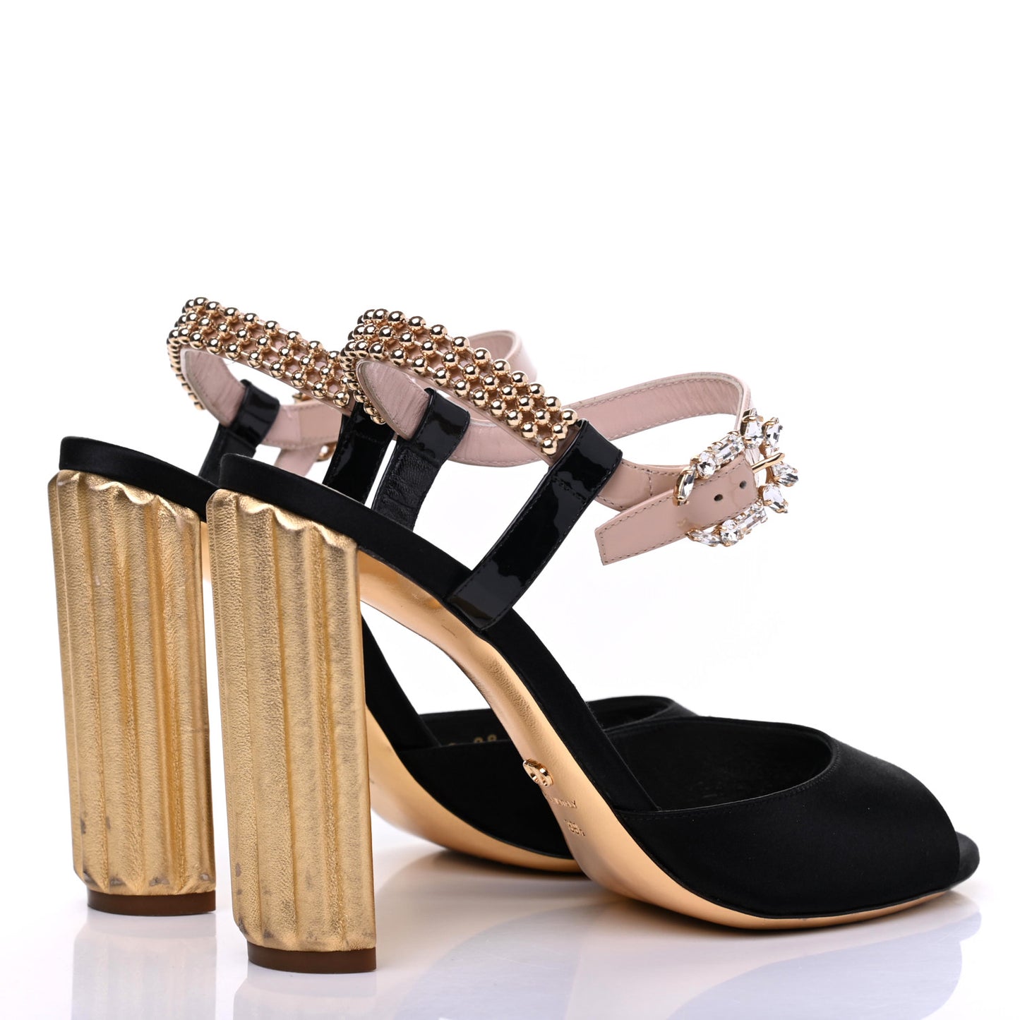 Satin Crystal Embellished Ankle Strap Sandals 39.5 Black