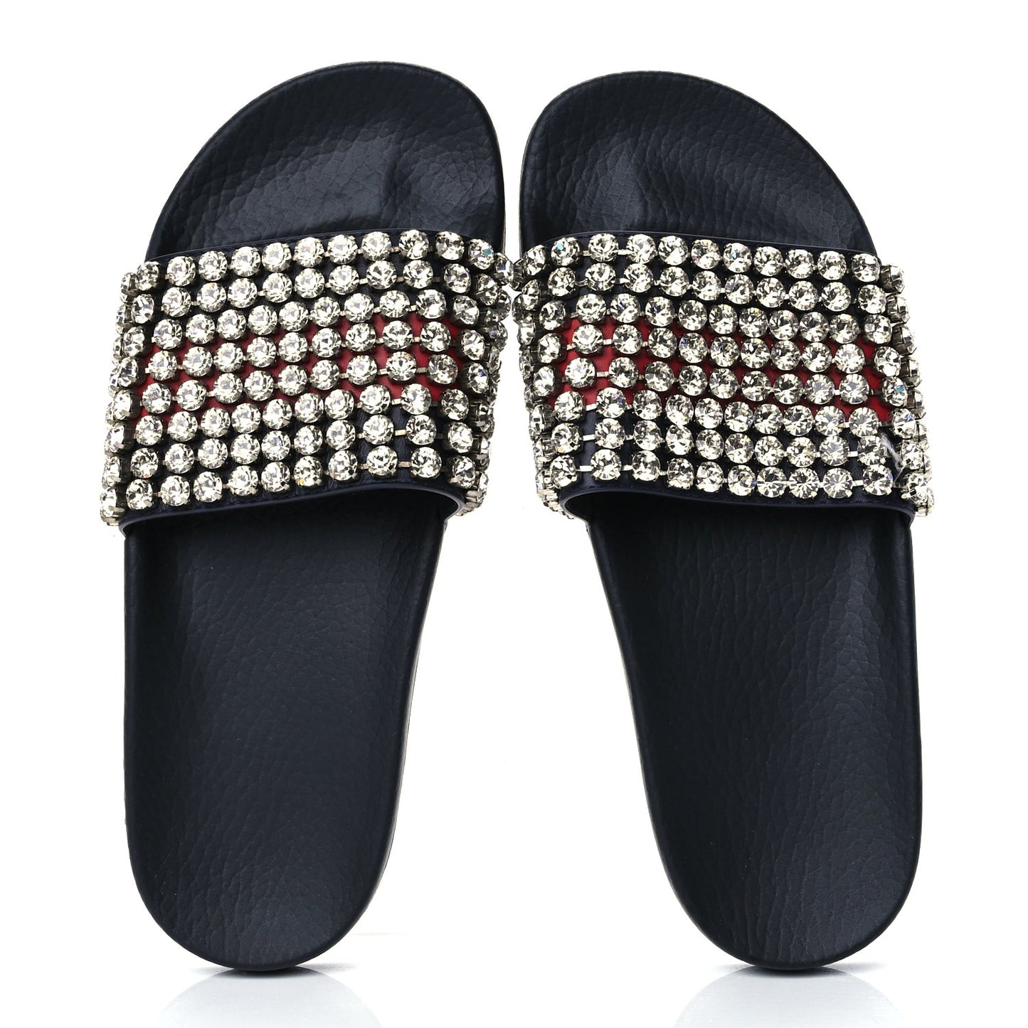 Calfskin Crystal Embellished Web Slide Sandals 38 Blue Red
