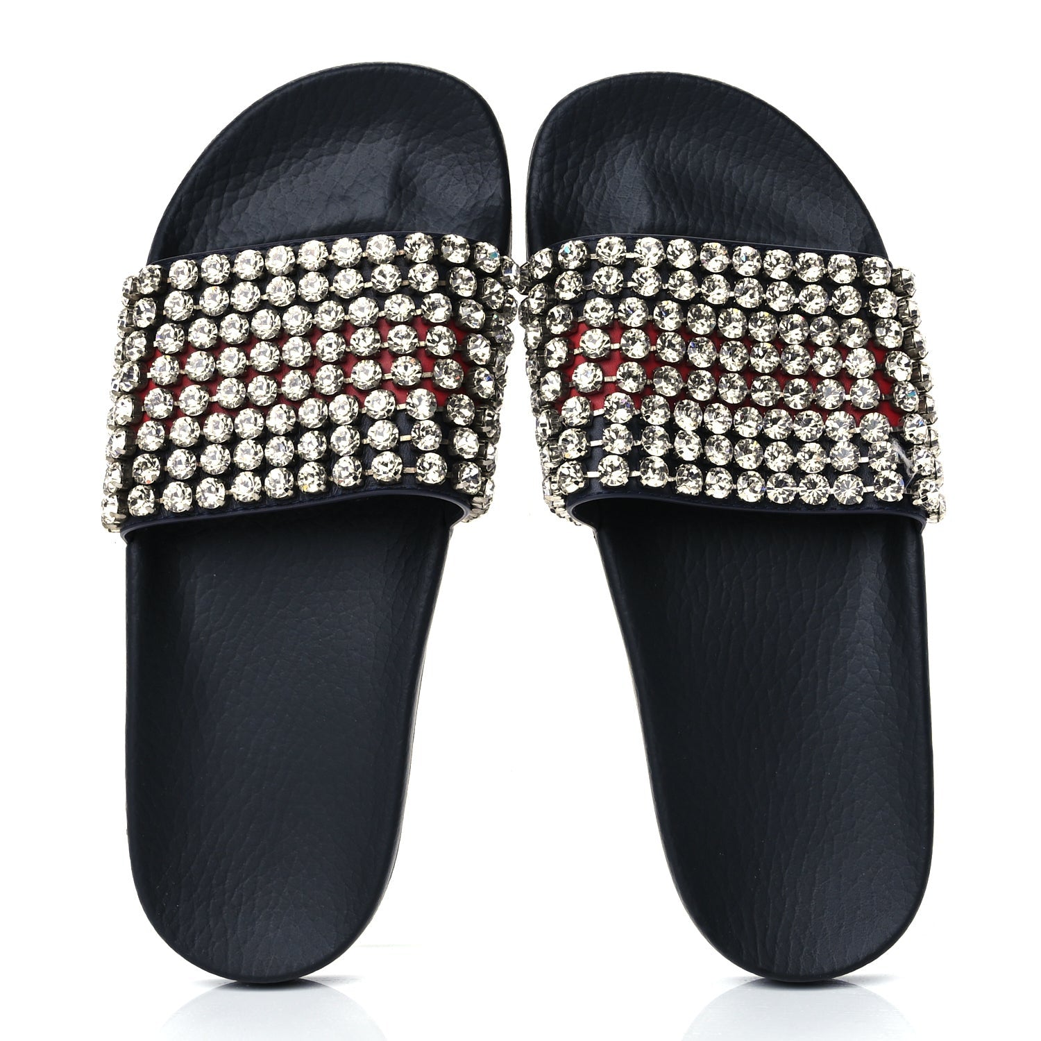 Gucci Calfskin Crystal Embellished Web Slide Sandals 38 Blue Red 2 of 8