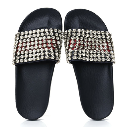 Gucci Calfskin Crystal Embellished Web Slide Sandals 38 Blue Red 2 of 8