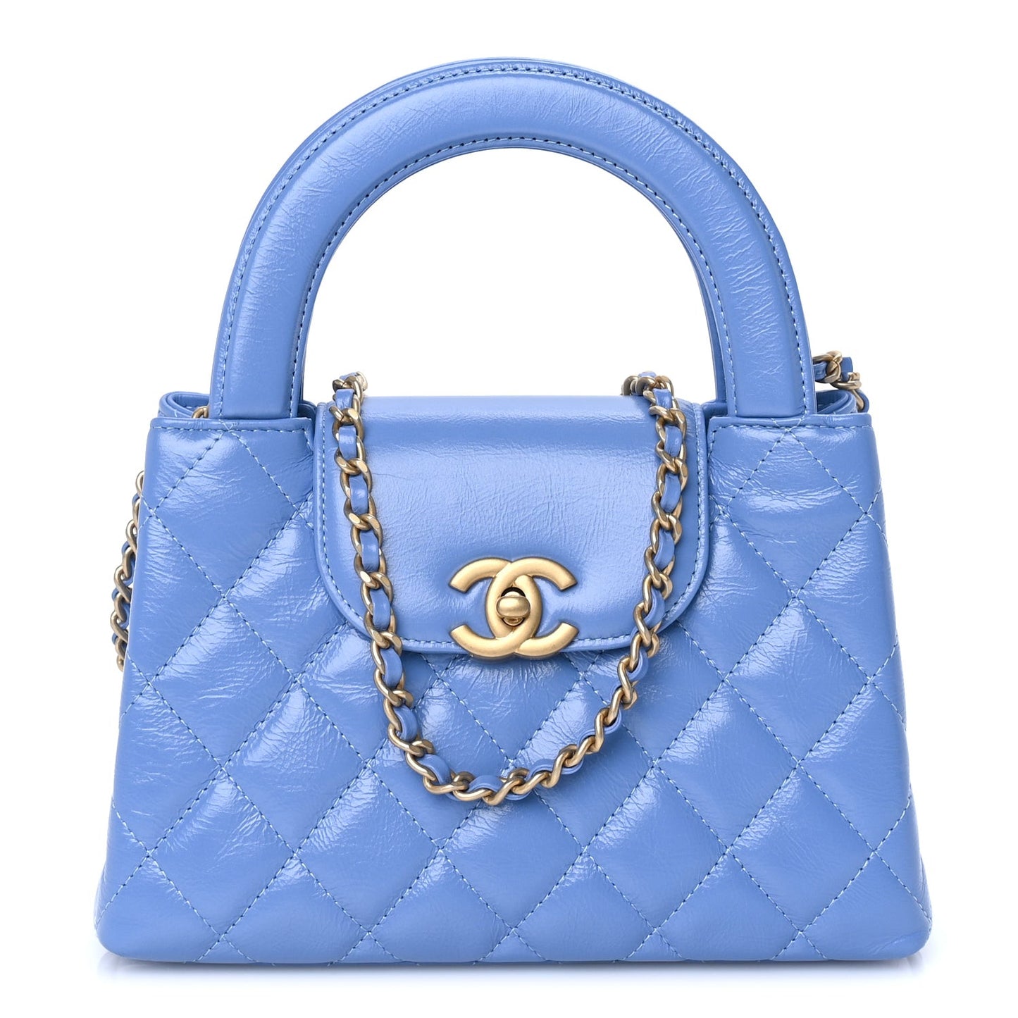 Shiny Aged Calfskin Quilted Nano Kelly Shopper Blue Blue