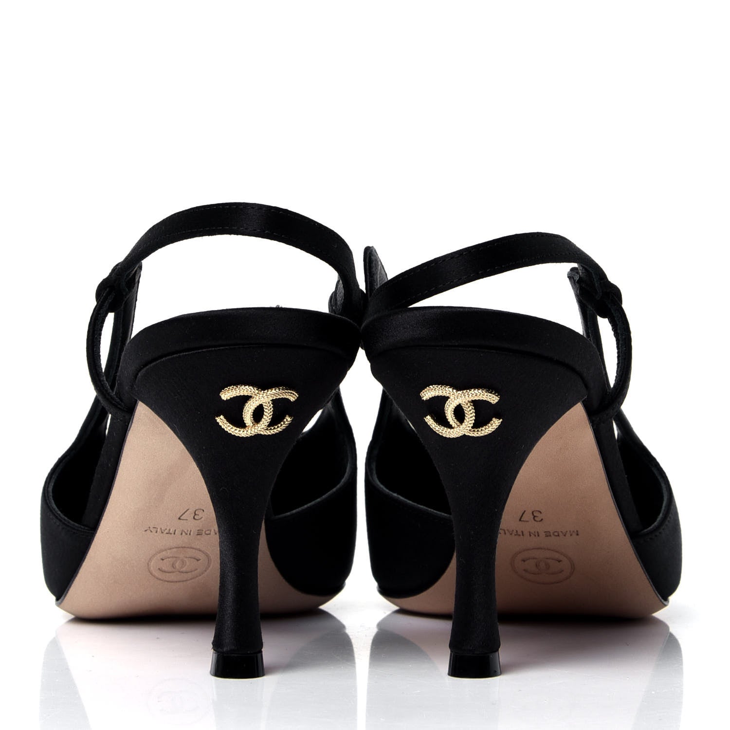 Chanel Satin Grosgrain Cap Toe CC Pointed Toe Slingback Pumps 37 Black 4 of 6