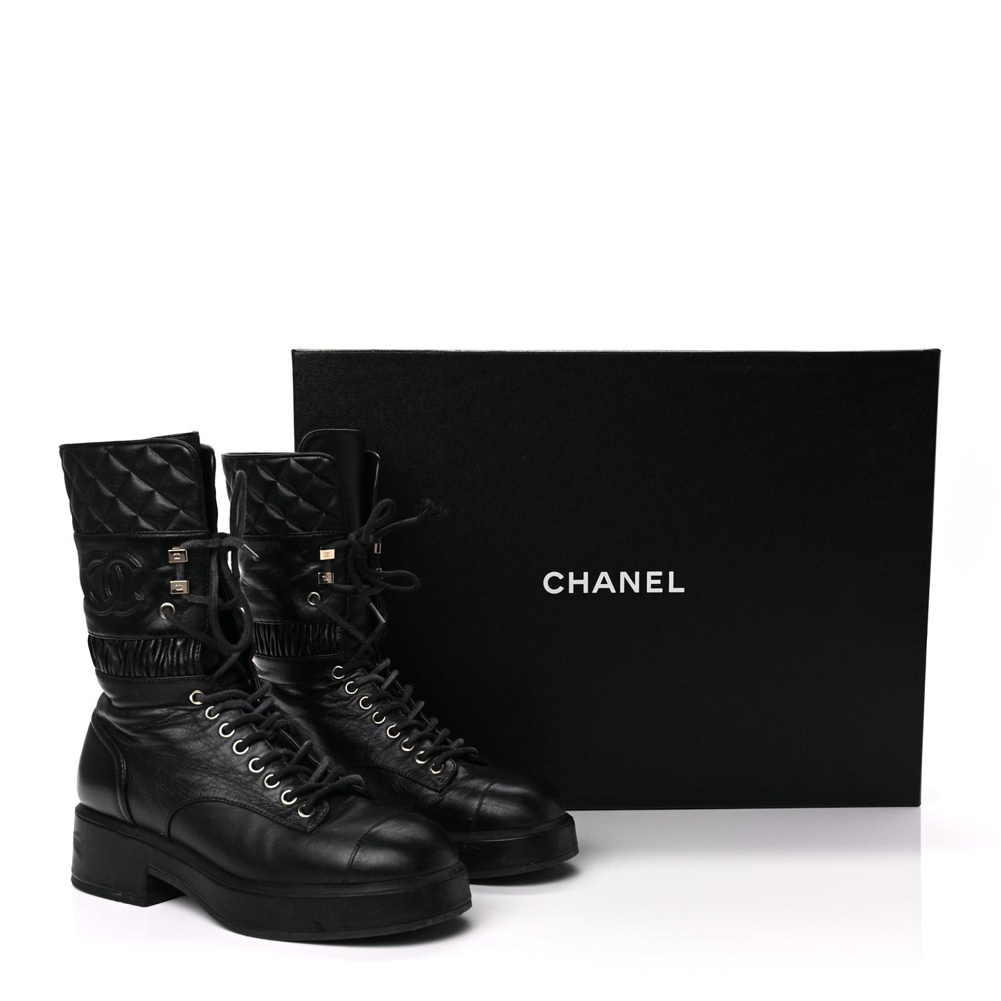 Lambskin Quilted Lace Up Combat Boots 37 Black