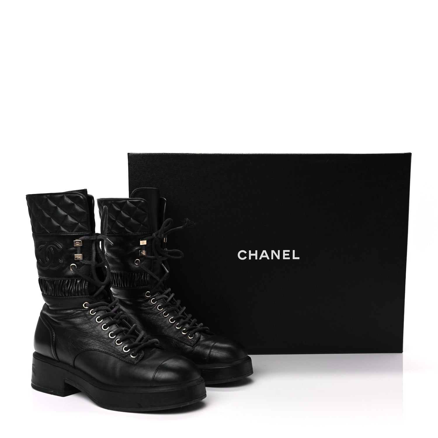Chanel Lambskin Quilted Lace Up Combat Boots 37 Black 12 of 12