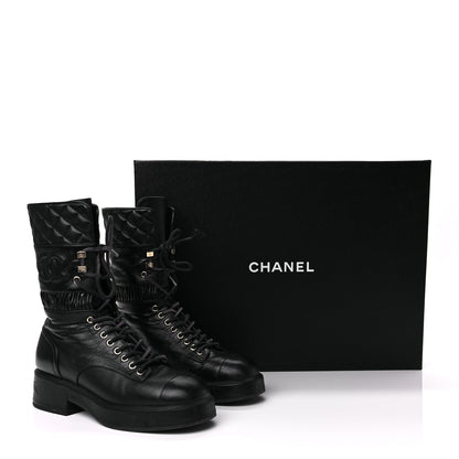 Chanel Lambskin Quilted Lace Up Combat Boots 37 Black 12 of 12