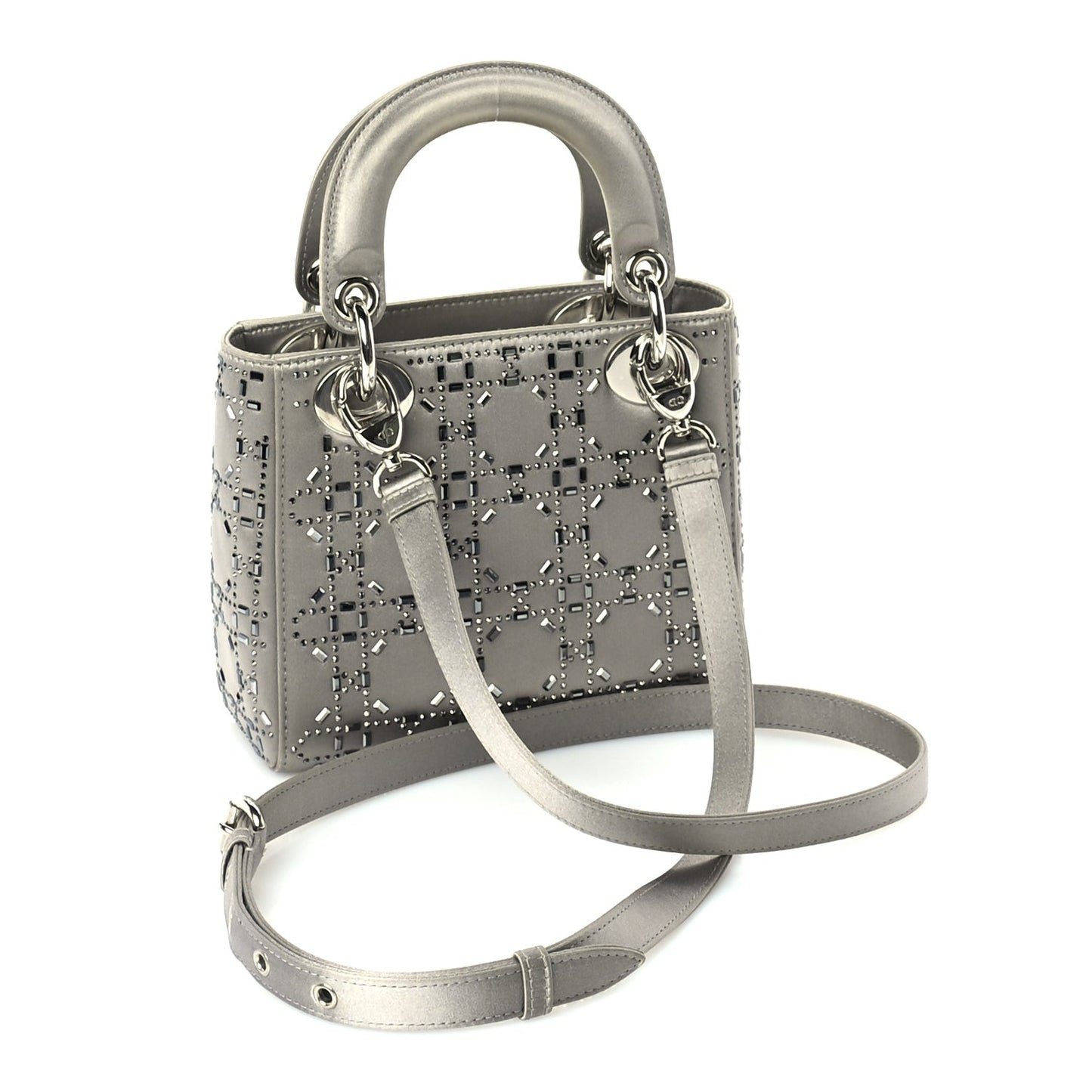 Satin Crystal Cannage Mini Lady Dior Grey