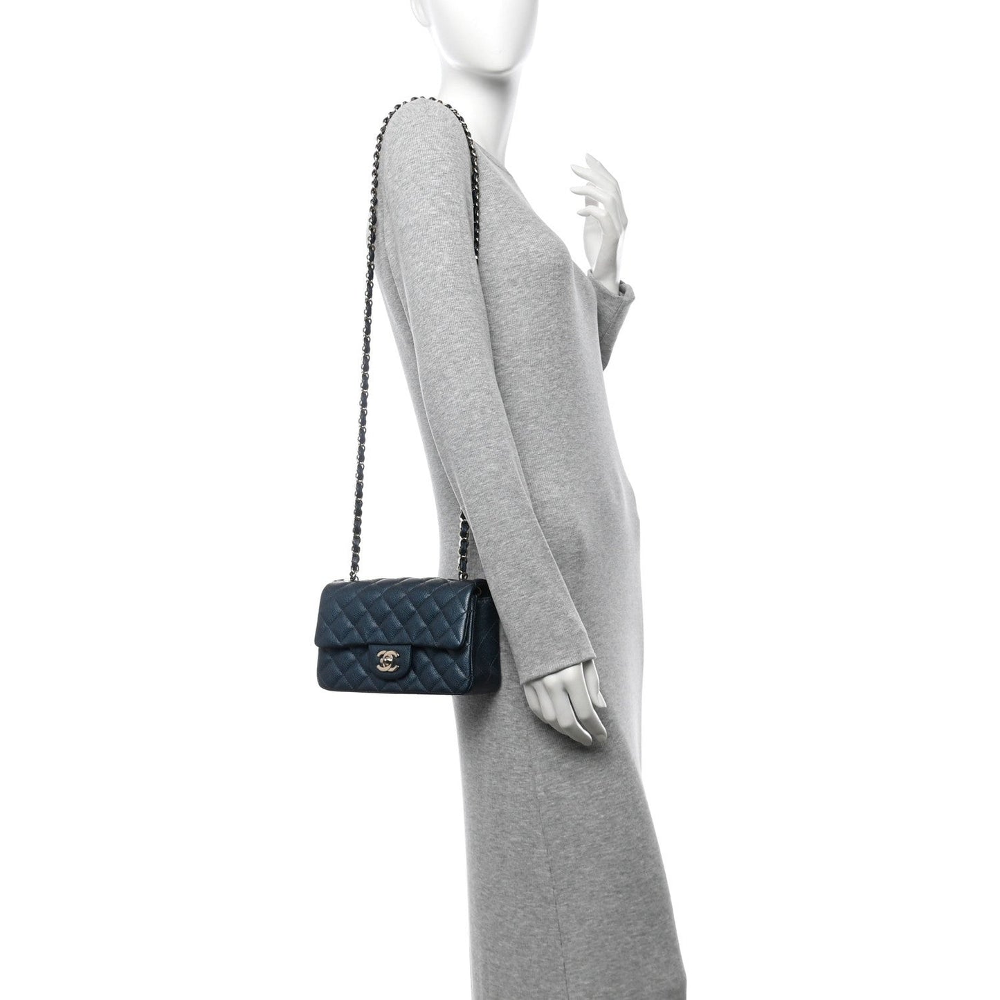 Iridescent Caviar Quilted Mini Rectangular Flap Dark Blue