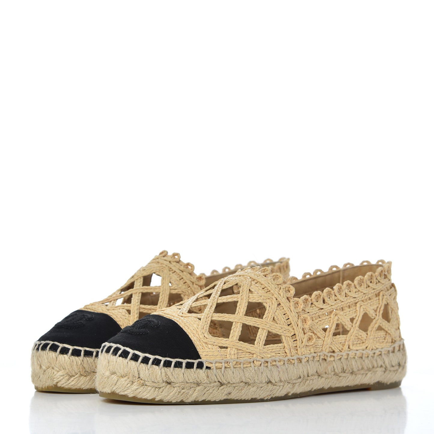Woven Fabric Grosgrain CC Espadrilles 35 Beige Black