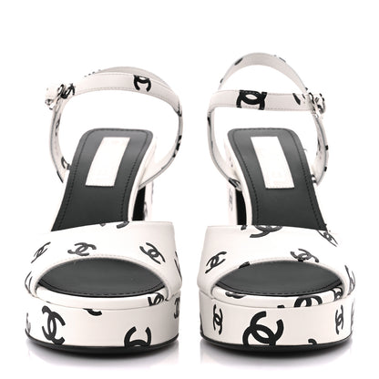 Chanel Printed Lambskin Coco Beach Platform Sandals 39 White Black 2 of 9