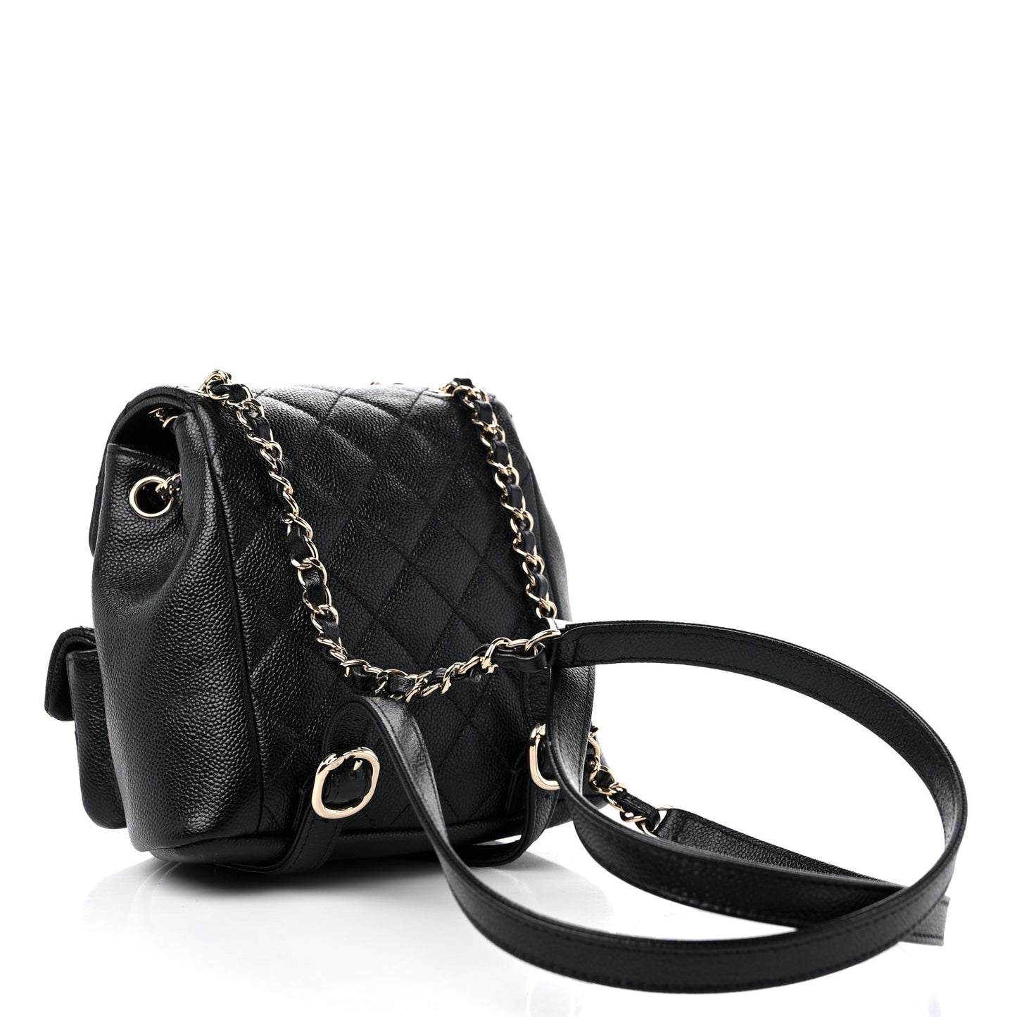 Shiny Caviar Quilted Small Duma Pockets Drawstring Backpack Black