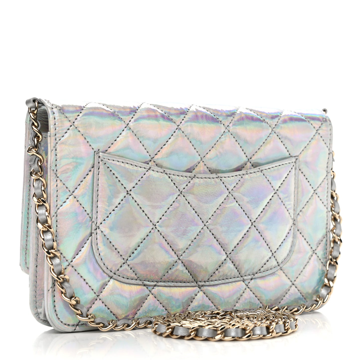 Iridescent Goatskin Quilted Wallet On Chain WOC Silver