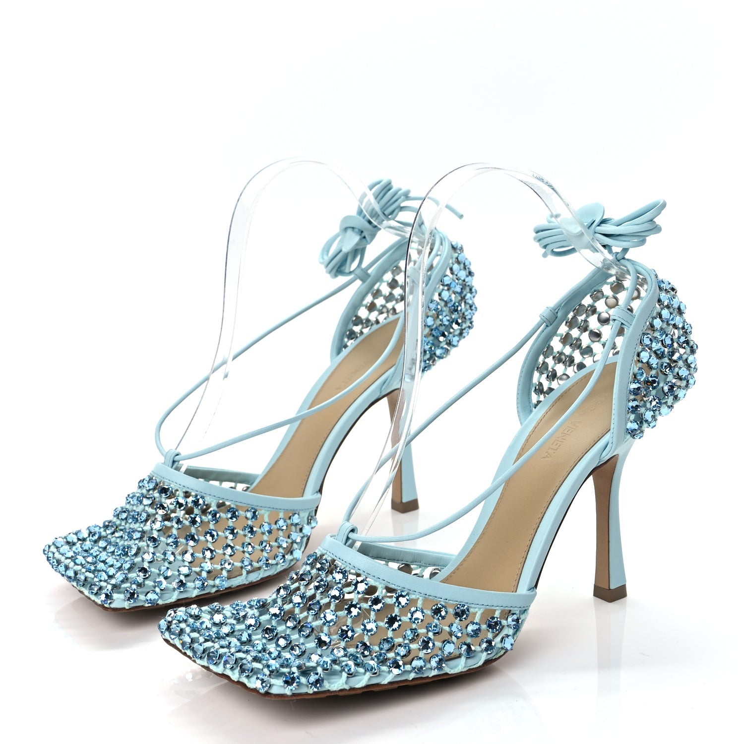Bottega Veneta Mesh Nappa Crystal Embellished Sparkle Stretch Ankle Tie 90mm Sandals 40 Pale Blue 4 of 9