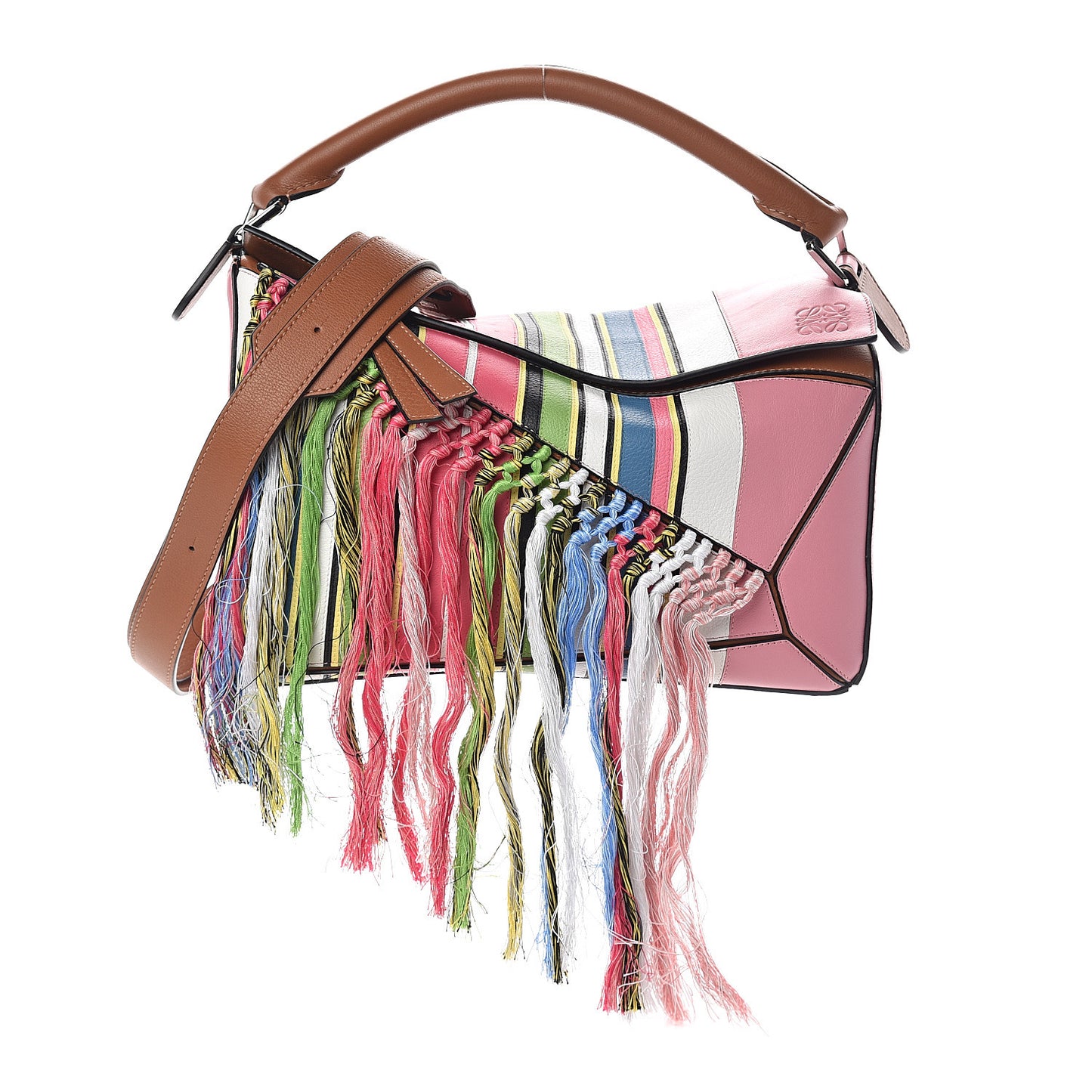 Calfskin Small Fringe Puzzle Bag Pink Multicolor