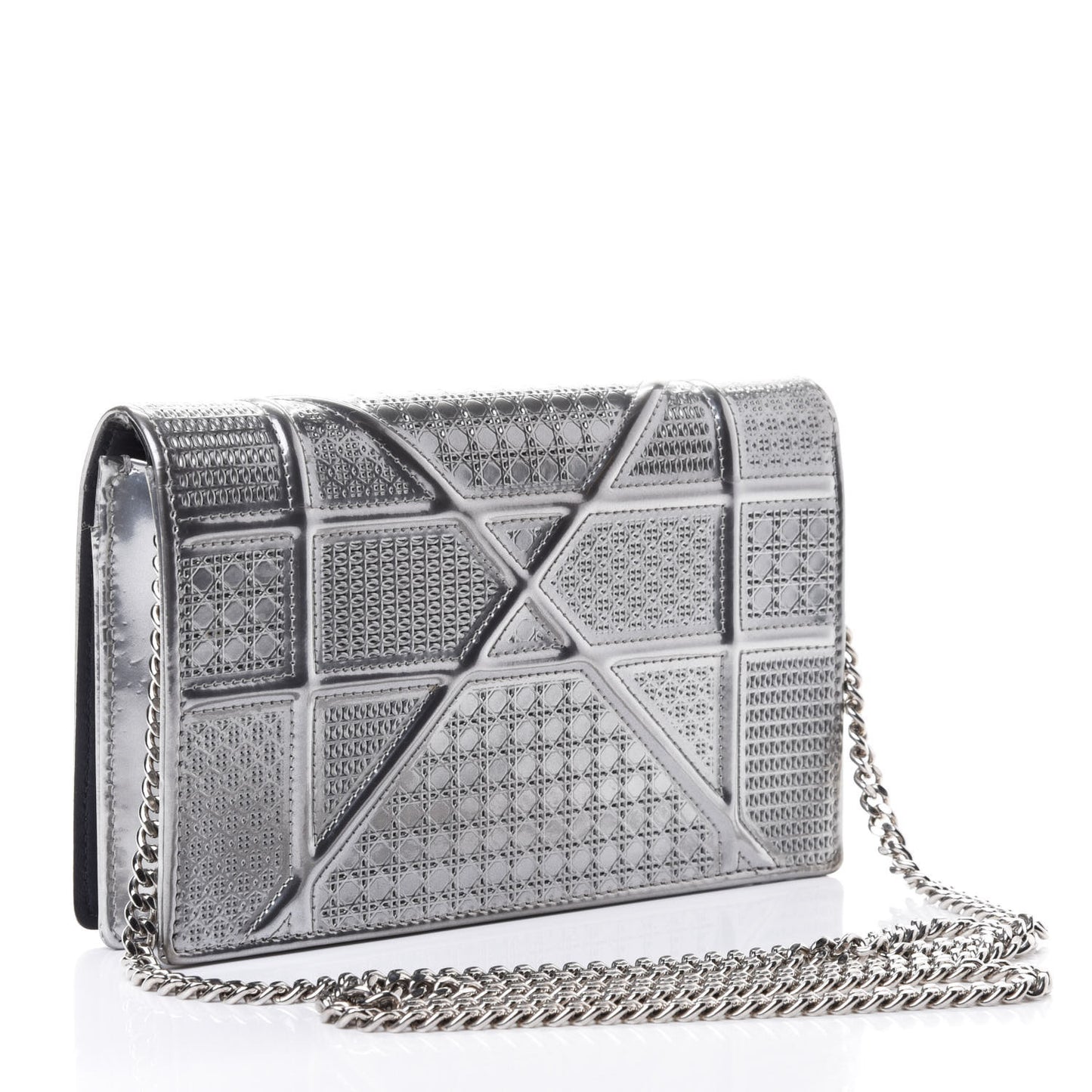 Metallic Patent Micro-Cannage Diorama Wallet on Chain Pouch Silver