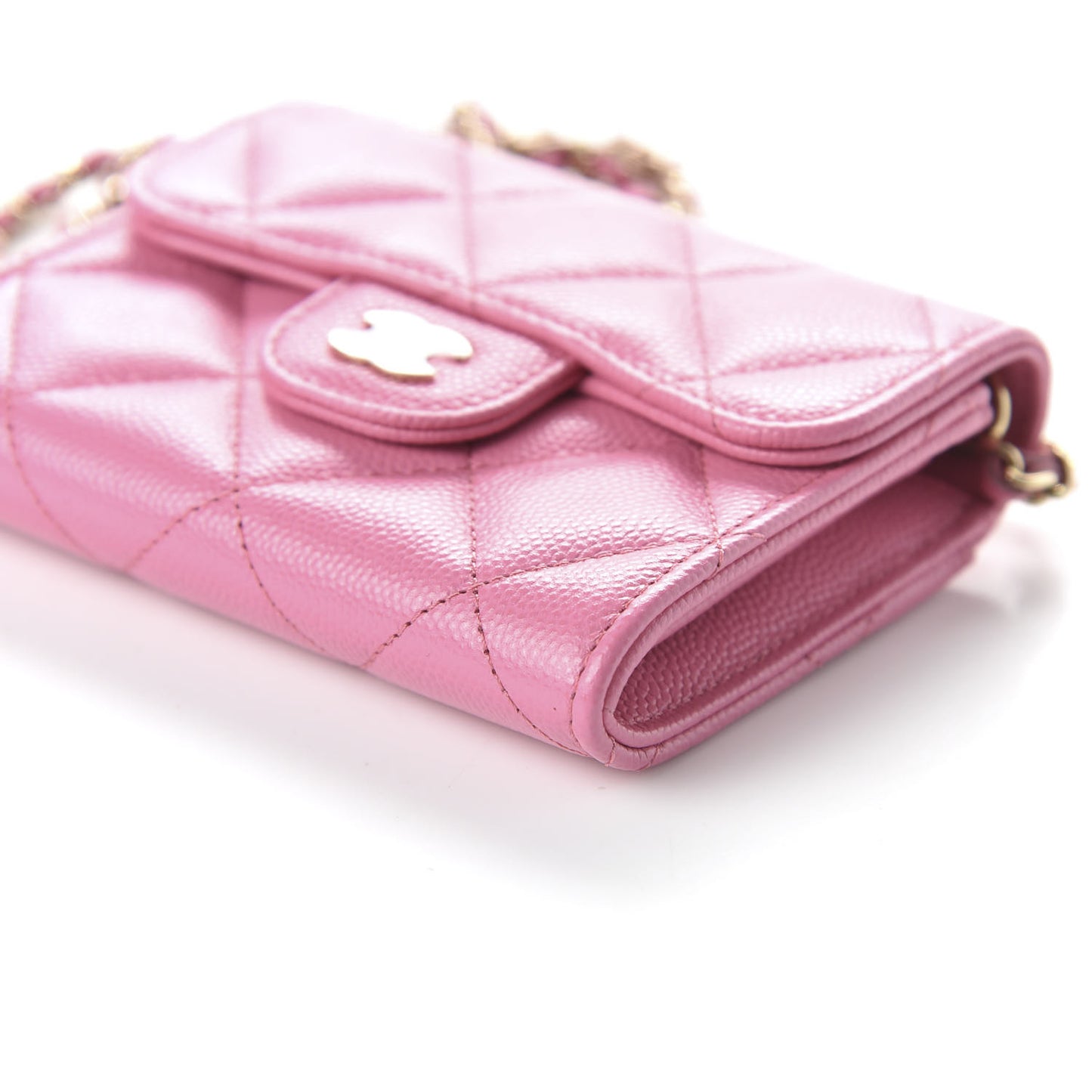Caviar Quilted Flap Card Holder On Chain Pink