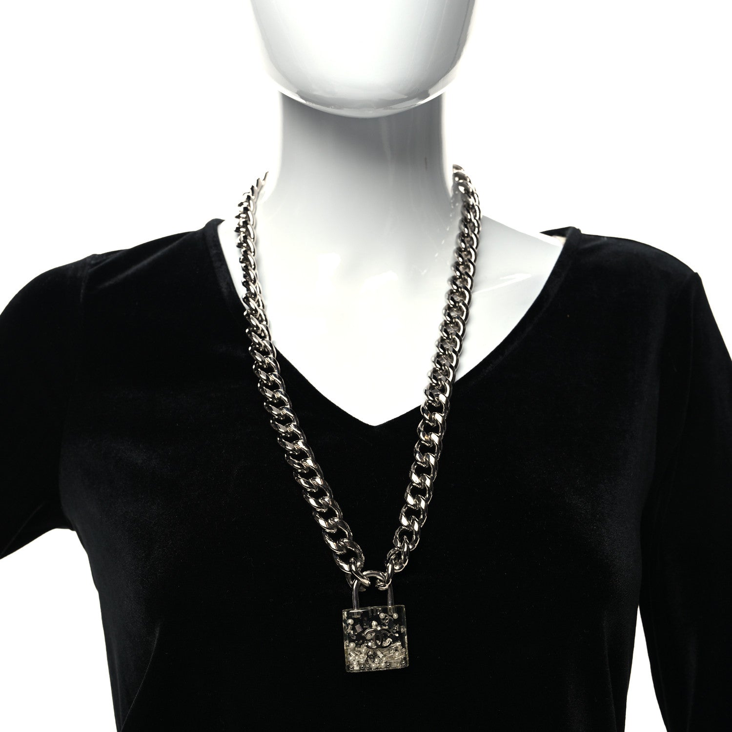 Chanel Resin CC Oversized Padlock Chain Necklace Silver Pearly White 2 of 5